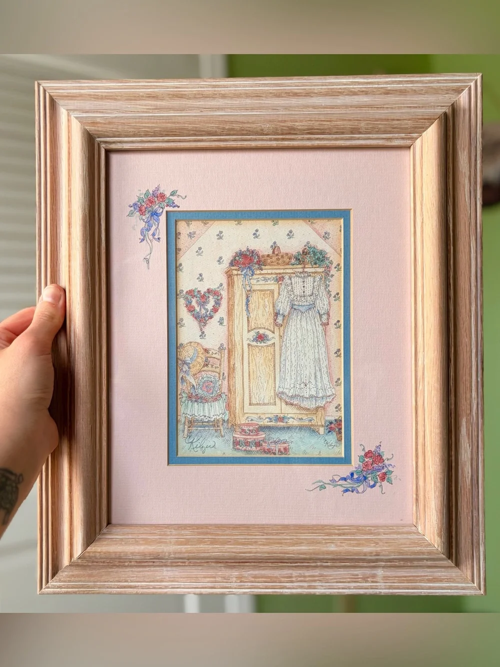 Vintage Framed Sketched Print of Girl Wardrobe Floral Wall Decor Accent